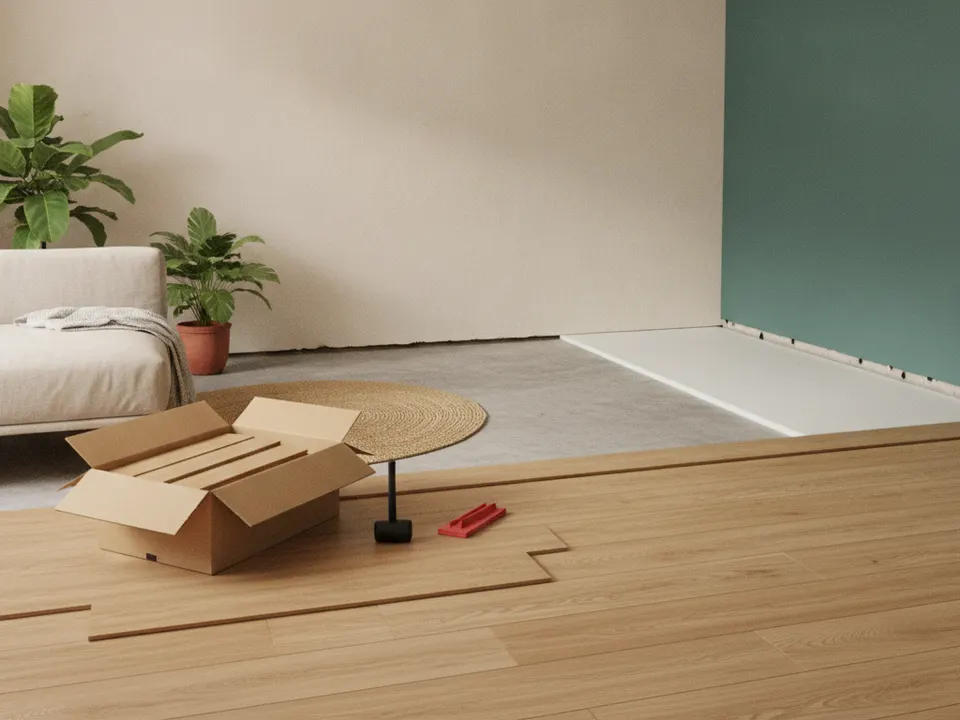 Ilustración de una sala con piso SPC tipo madera clara a medio instalar y una caja de tablones abierta